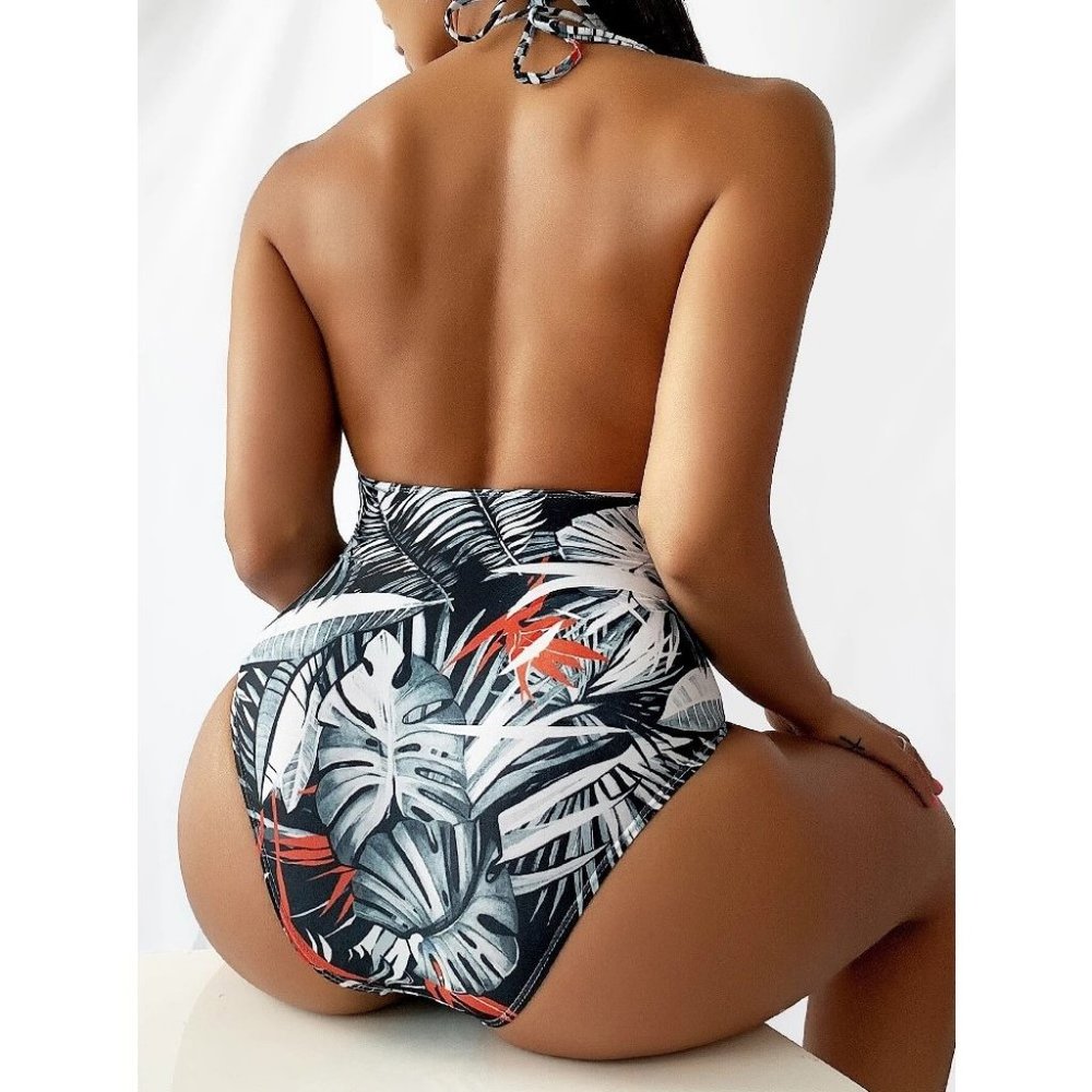 Tropical Palm Print Plunged Swimsuit - Picture 5 of 7